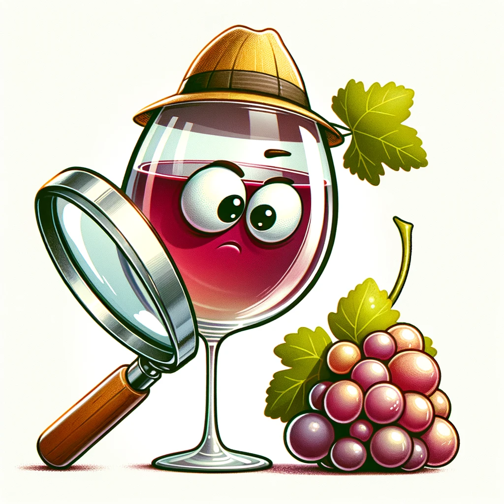 A cartoon of a wine glass with a detective hat and magnifying glass, looking closely at a grape. The caption reads, "Investigating the case of the missing wine."