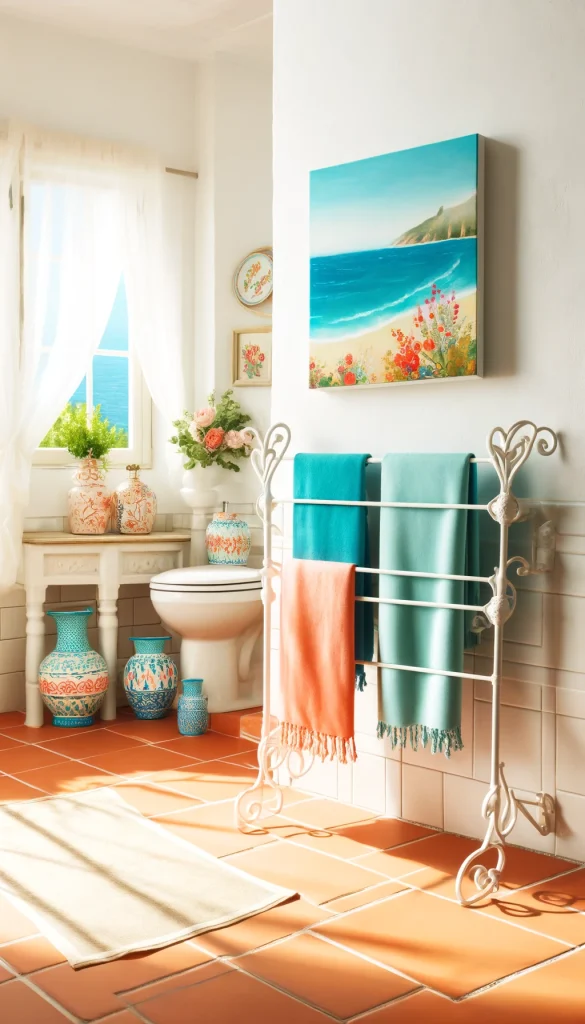 A vertical image of a bright Mediterranean style bathroom with a white wrought iron towel rack. The rack is adorned with vibrant turquoise and coral towels. The bathroom has whitewashed walls, a terracotta tile floor, and a large window covered with sheer white curtains. Decor includes hand-painted ceramic vases and a framed landscape painting of the Mediterranean sea. Natural light floods the space, emphasizing the cheerful and airy ambiance.