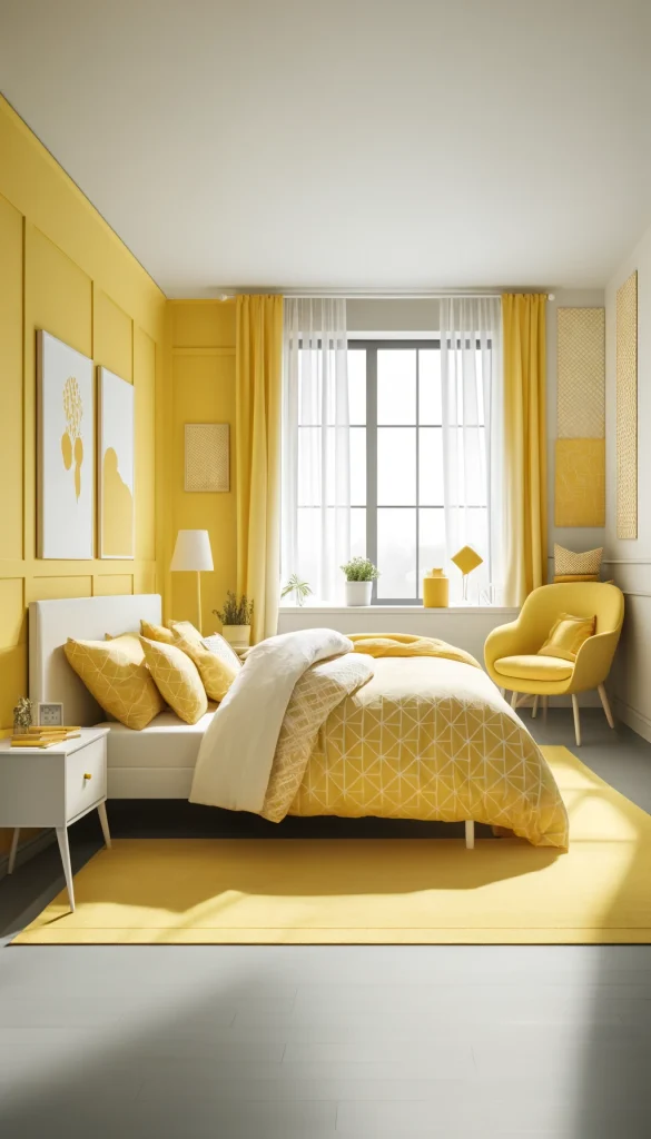 A modern yellow bedroom featuring a large window with white curtains. The bed has a yellow and white geometric pattern duvet, with several yellow and white pillows. A small, stylish yellow chair is in the corner. The walls are painted a soft, pastel yellow, and there is a small, contemporary white desk with a yellow lamp on it. Minimalist artwork hangs on the walls, and a plush white carpet covers the floor.