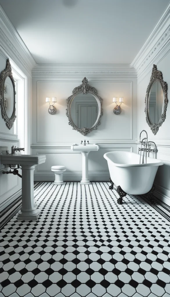 Image 4: A classic white bathroom with vintage influences, featuring a clawfoot tub, pedestal sink, and ornate silver mirrors. The floor is laid with black and white hexagonal tiles, creating a striking contrast. Elegant wall sconces provide soft lighting, enhancing the timeless charm of the space.