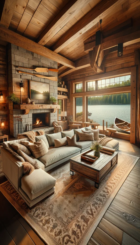 A cozy lake house living room featuring rustic wooden beams, a stone fireplace, and large windows overlooking the lake. The room includes a plush, oversized sectional sofa, a wooden coffee table, and patterned area rugs. Soft, warm lighting and decorative elements like throw pillows and a wall-mounted canoe paddle enhance the rustic charm. The walls are adorned with framed landscape paintings. The image is vertical and exudes a welcoming and relaxing atmosphere.