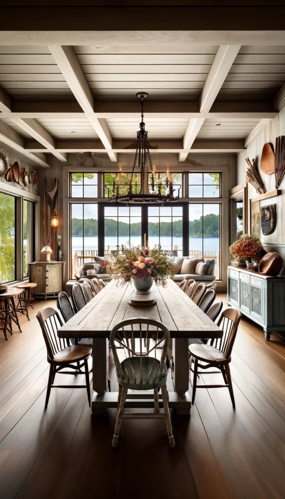 A charming lake house dining area with a long wooden farmhouse table, surrounded by mismatched chairs. The space is illuminated by a rustic iron chandelier. Large glass doors provide a panoramic view of the lake. The decor includes a buffet table with vintage pottery and a large, colorful floral arrangement. The walls display a collection of antique oars and fishing equipment. The setting is vertical, capturing a blend of rustic elegance and cozy lakefront charm.