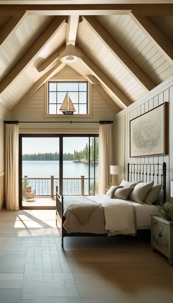 A serene bedroom in a lake house featuring a high vaulted ceiling with exposed wooden beams. The bed has a wrought iron frame and is dressed in light, airy linens. A sliding glass door opens to a small balcony with a view of the lake. The room is decorated with nautical-themed accents like a model sailboat and framed nautical maps. Soft neutral colors dominate the space, complemented by natural light. This vertical image captures the essence of peaceful lakefront living.