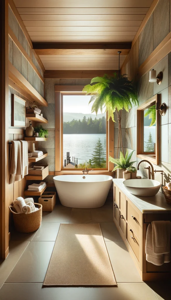 A lake house bathroom designed with natural elements. The space features a large freestanding bathtub with a view through a picture window overlooking the lake. The walls are clad in natural stone tiles, and there is a wooden vanity with a vessel sink. Decorative touches include a hanging fern, woven baskets, and soft, fluffy towels. The lighting is soft and warm, creating a relaxing atmosphere. This vertical image portrays a spa-like retreat perfect for a lake house setting.