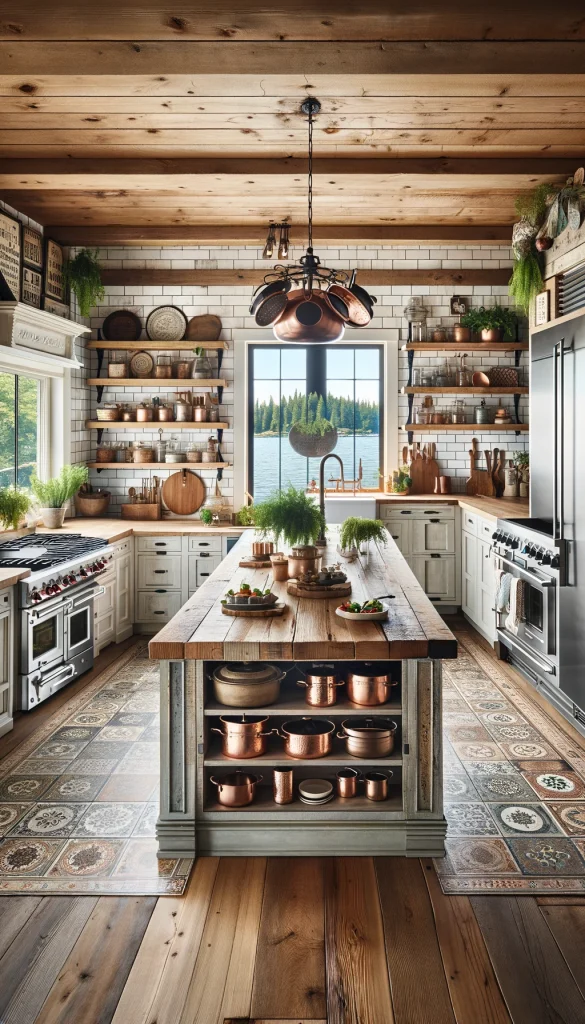An inviting lake house kitchen with a large island centerpiece made of reclaimed wood. The kitchen features modern stainless steel appliances, open shelving displaying rustic kitchenware, and a hanging pot rack filled with copper pots. A large window above the farmhouse sink offers a view of the lake. The floor is covered with vintage patterned tiles. Decorative elements include fresh herbs in pots and vintage signs. This vertical image captures a blend of rustic charm and modern convenience.