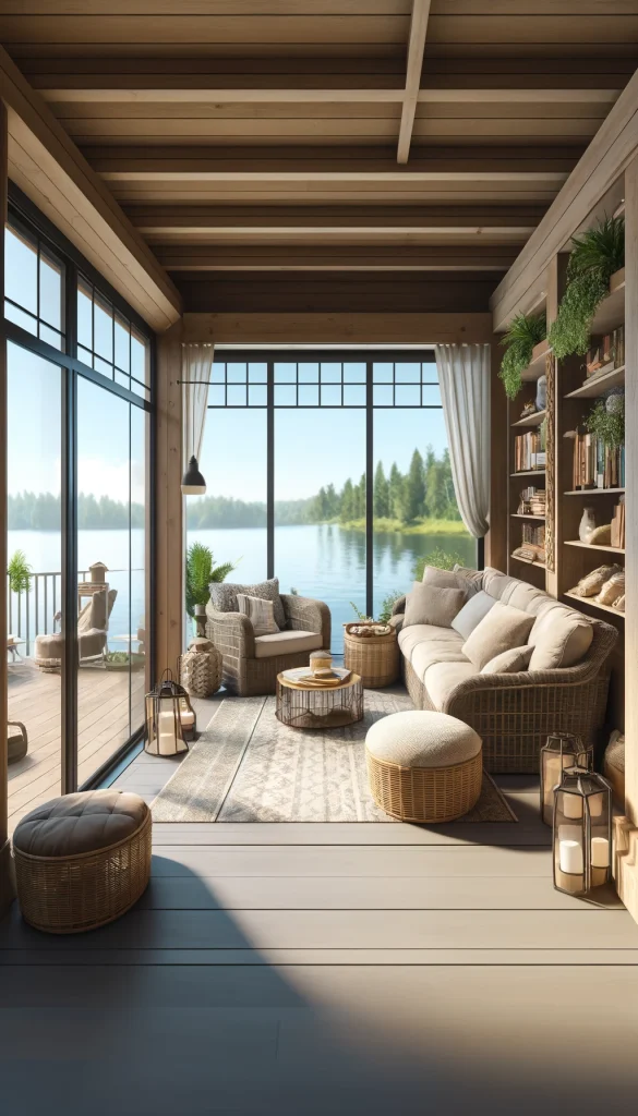 A lake house sunroom designed for relaxation and enjoying the view, featuring a wall of floor-to-ceiling windows that overlook the lake. The room includes comfortable wicker furniture with plush cushions, a small bookshelf filled with books, and a cozy reading nook by the window. The floors are wooden, and there are several potted plants adding greenery. Decorative elements like a woven rug and lantern-style lights enhance the space. This vertical image captures a tranquil and inviting atmosphere.