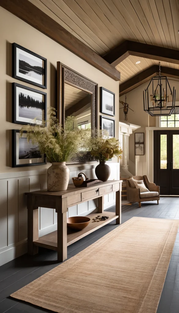 A stylish lake house entryway with a rustic flair. The area features a large wooden console table with a vintage mirror above it. On the table, there are ceramic vases with fresh wildflowers and a small wooden bowl for keys. The walls are decorated with framed black and white photos of lake scenes. A wrought iron chandelier hangs above, casting a warm glow. The floor is covered with a long, narrow runner rug in earth tones. This vertical image captures a welcoming and homey entrance.