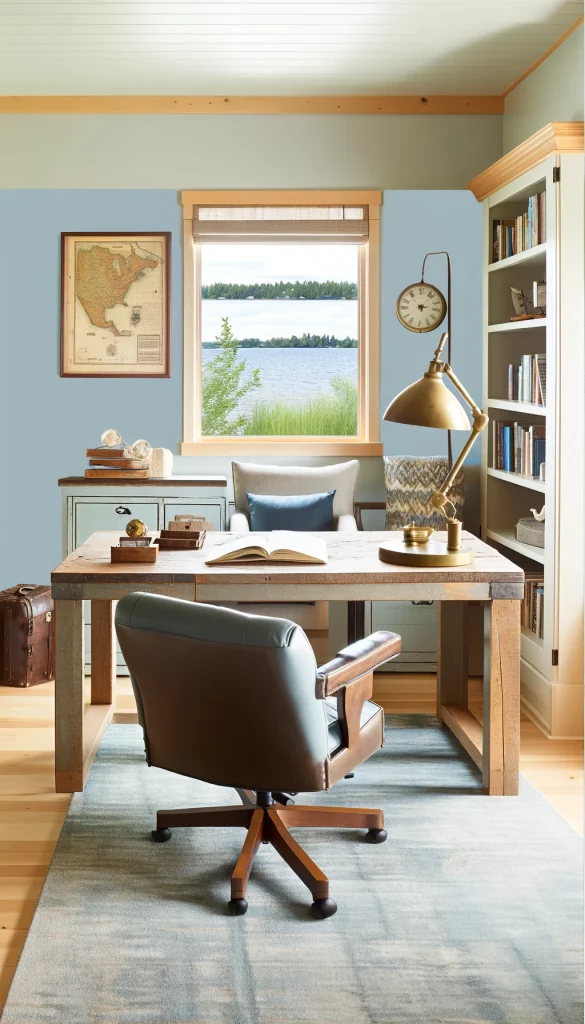 A lake house office space designed with comfort and inspiration in mind. The area features a large desk made of weathered wood facing a window with a lake view. There's a comfortable leather swivel chair and on the desk, vintage maps and a brass desk lamp add character. Bookshelves are filled with books and nautical decor items. A soft area rug and decorative throw blanket add warmth. The room's walls have a pale blue paint, creating a calm, productive environment. This vertical image captures a serene workspace.