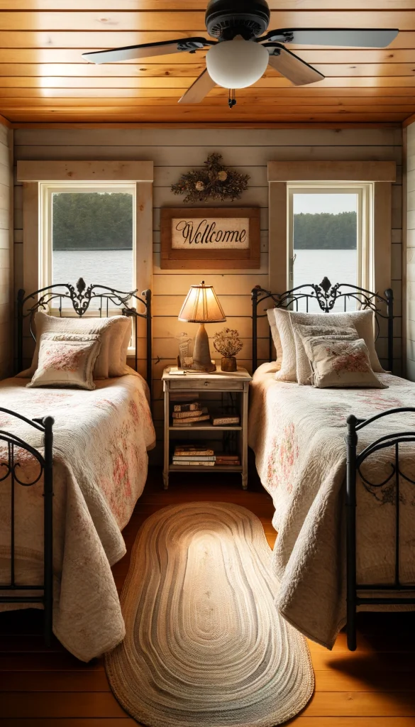 A lake house guest bedroom with a cozy and welcoming vibe. The room features twin beds with wrought iron frames, covered in quilted bedspreads with a floral pattern. A shared nightstand between the beds holds a vintage lamp and a small stack of books. The wall behind the beds is decorated with a rustic wooden sign saying 'Welcome'. A small window offers a view of the surrounding woods, and the floor is covered with a braided rug. This vertical image captures the charm of a hospitable guest room.