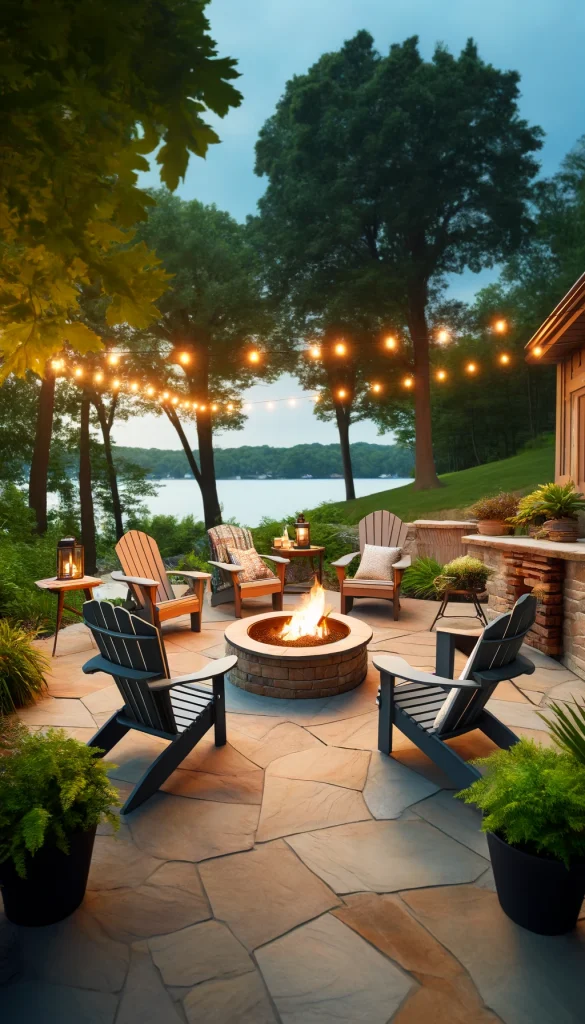 A lakeside outdoor patio area at a lake house, featuring a fire pit surrounded by comfortable Adirondack chairs. The patio is made of natural stone, and lush greenery surrounds the area. String lights are hung overhead, creating a warm and inviting atmosphere at night. A small wooden side table holds a lantern and a couple of drinks. The background shows a gentle slope leading to the lake. This vertical image captures a perfect outdoor living space for evening relaxation.