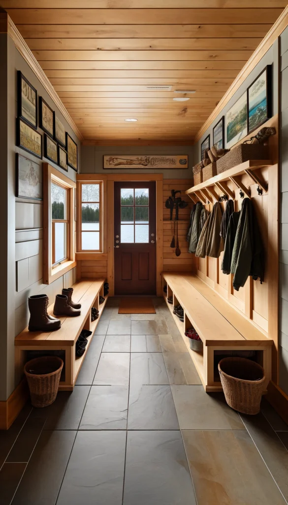 A lake house mudroom designed for functionality and style. The space features built-in wooden benches with storage underneath for shoes and boots. Above the benches, there are hooks for coats and hats, and open shelving for baskets and gear. The floor is tiled with rugged, non-slip ceramic tiles. A window provides natural light, and the walls are adorned with vintage lake-themed posters. This vertical image showcases a practical yet stylish entry point for lake house activities.