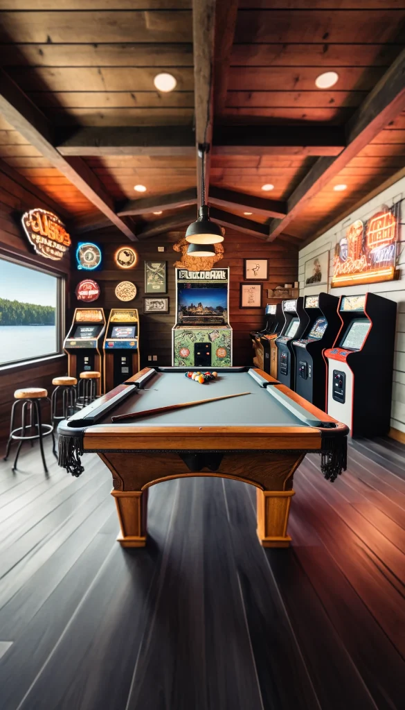 A lake house game room featuring a pool table with a rustic wood frame, surrounded by vintage arcade games. The walls are decorated with neon signs and classic movie posters. A bar area includes a wooden counter with stools and is equipped with a vintage soda dispenser. The flooring is dark hardwood, and the lighting includes industrial-style pendant lights. This vertical image captures a fun and nostalgic atmosphere, perfect for entertainment at the lake house.