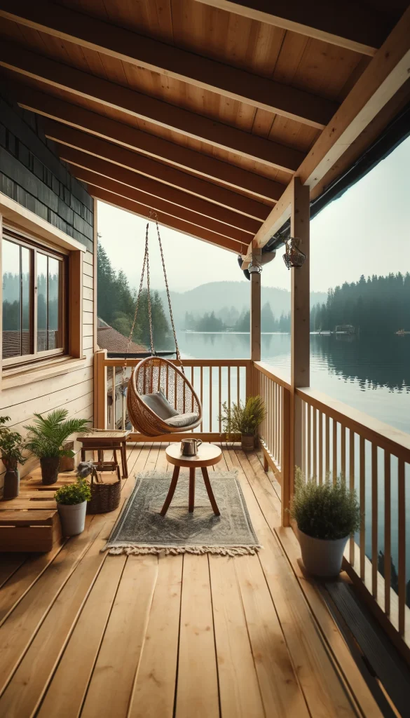 A lake house balcony with a breathtaking view of the lake, furnished with a cozy swing chair and a small coffee table. The balcony railing is made of natural wood, blending seamlessly with the surroundings. Potted plants and a small outdoor rug add a touch of greenery and comfort. The atmosphere is peaceful, with the gentle sound of lake waves in the background. This vertical image captures a perfect spot for morning coffee or evening relaxation at the lake house.