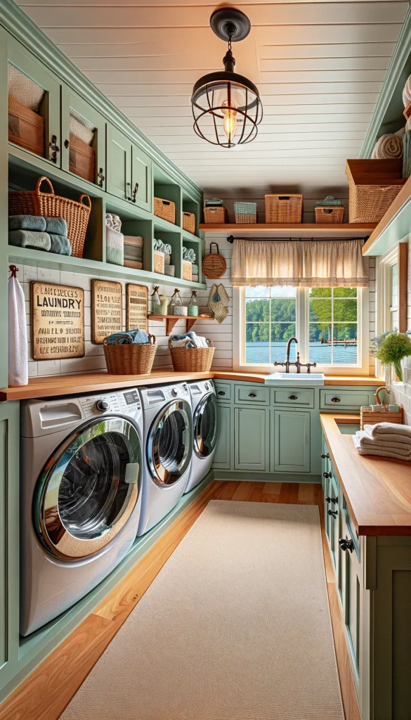 A lake house laundry room designed for practicality and style. The room features a set of high-efficiency washers and dryers, built-in cabinets painted in a soothing seafoam green, and open shelving with wicker baskets. A farmhouse sink and a wooden countertop provide ample space for folding clothes. Decor includes vintage laundry signs and a small window with curtains that offer a view of the lake. This vertical image captures a functional yet charming space for laundry tasks.