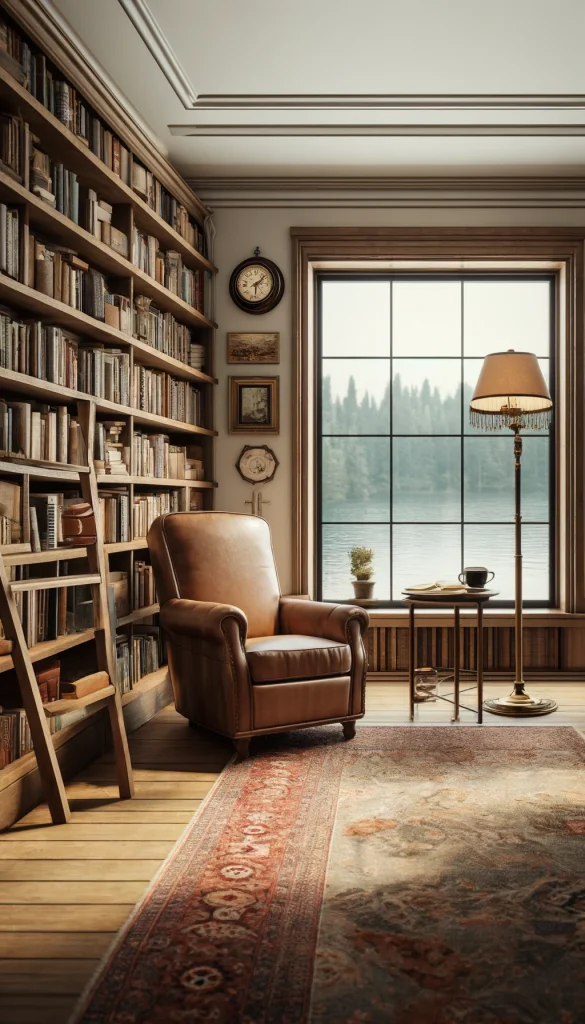 A cozy corner in a lake house library, featuring a floor-to-ceiling bookshelf filled with books, a comfortable leather armchair, and a small wooden ladder for reaching higher shelves. A large window next to the chair provides a scenic view of the lake, and a classic brass floor lamp stands beside the chair for reading light. The floor is covered with a Persian rug, and a small side table holds a cup of tea and a vintage clock. This vertical image captures a tranquil reading nook perfect for relaxing.