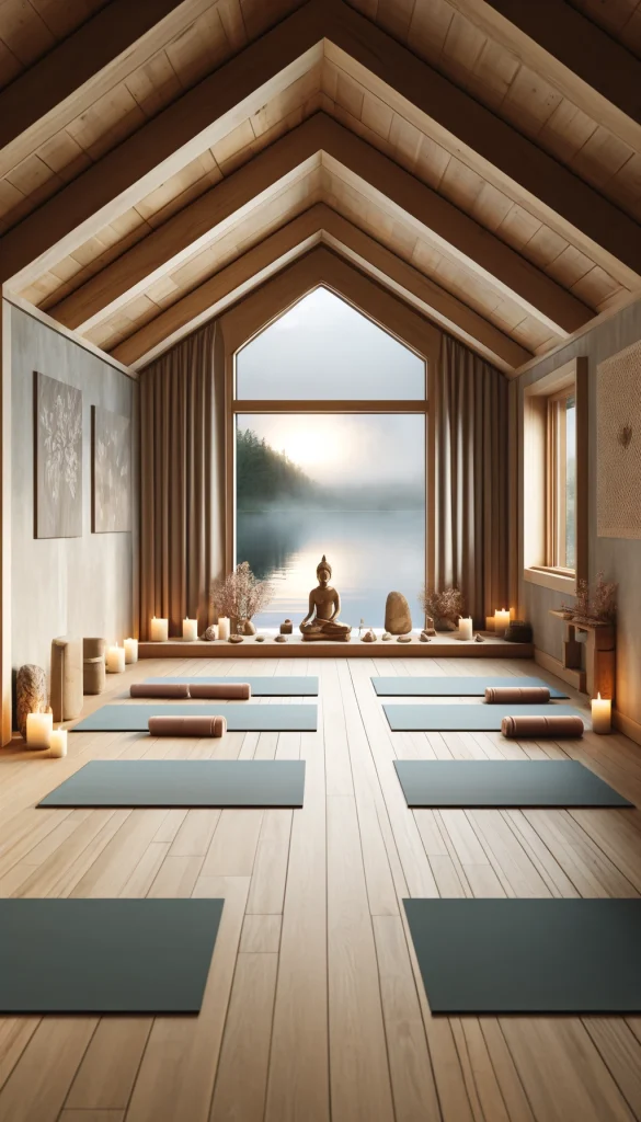 A lake house yoga studio with a calming design, featuring large windows that provide a panoramic view of the lake. The floor is covered with light bamboo flooring, and several yoga mats are neatly arranged. A small altar with candles, stones, and a Buddha statue creates a focal point. The walls are decorated with subtle nature-inspired art. Soft, ambient lighting complements the tranquil atmosphere. This vertical image captures a serene space ideal for meditation and yoga.