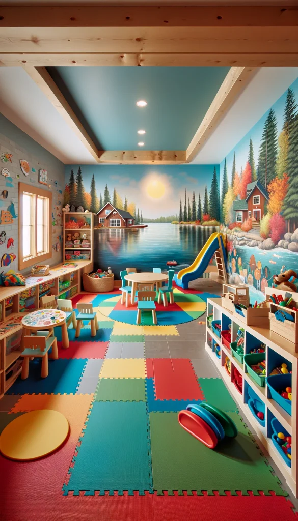 A lake house children's playroom, bright and colorful, featuring a mural of a lakeside scene on one wall. The room has various play areas including a small indoor slide, a craft table, and bins full of toys. The furniture is child-sized, colorful, and made of safe, rounded materials. Soft mats cover the floor for safety, and large windows provide natural light and a view of the lake. This vertical image captures a fun and engaging space for children.