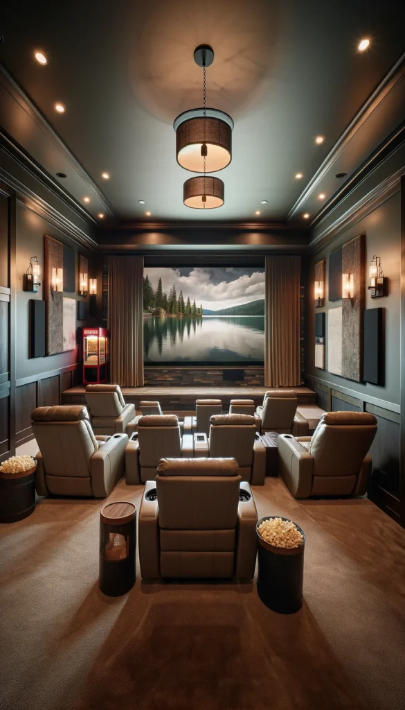 A lake house home theater room, designed for cozy movie nights. The room features large, plush reclining chairs arranged in rows, a large screen on the wall, and dimmable wall sconces for perfect lighting. The walls are soundproofed and covered with dark, rich velvet drapes. A popcorn machine and a mini fridge stocked with beverages add to the home cinema experience. The floor is carpeted for comfort and sound quality. This vertical image captures a luxurious and inviting entertainment space.