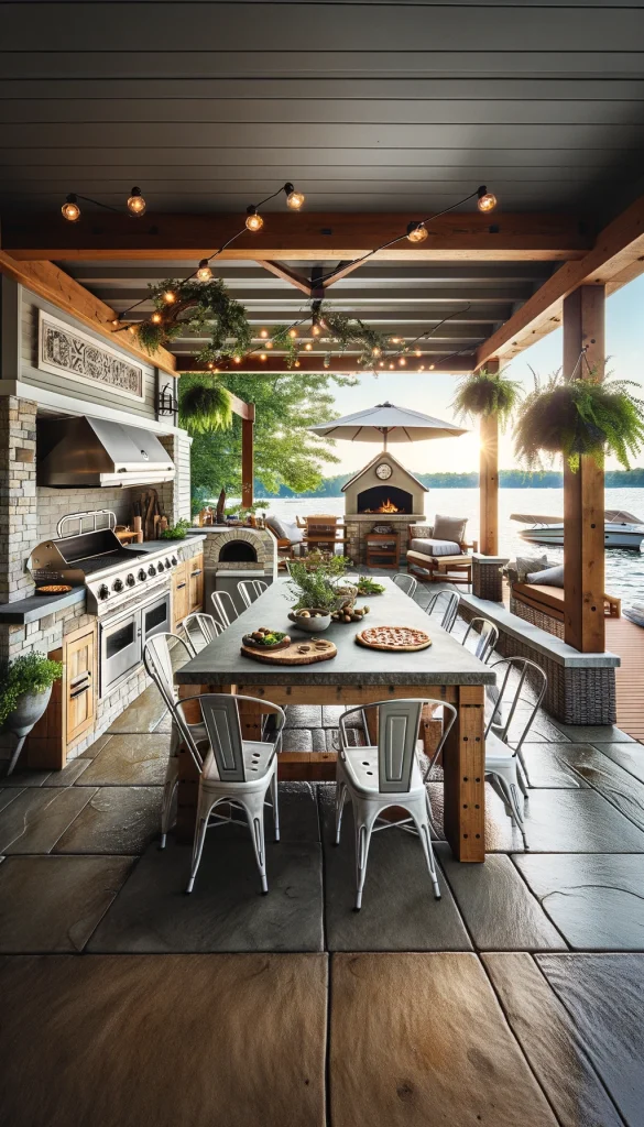 A lake house outdoor kitchen and dining area, perfect for summer barbecues. The space features a built-in grill, a pizza oven, and ample counter space with a stone finish. A large dining table made of reclaimed wood sits under a pergola, surrounded by rustic metal chairs. The area is decorated with hanging plants and outdoor string lights, creating a festive and welcoming atmosphere. This vertical image captures the essence of outdoor entertaining by the lake.
