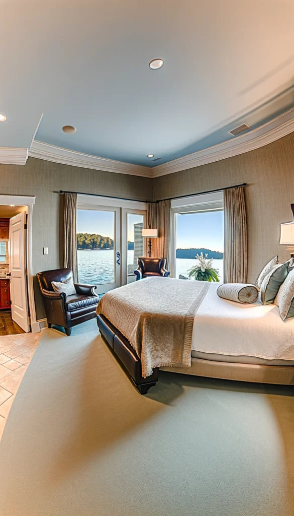 A luxurious lake house master suite with a spacious layout, featuring a king-sized bed with high-quality linens and a plush headboard. The room includes a seating area with leather armchairs and a small coffee table. Large windows offer a stunning view of the lake, and a door leads out to a private balcony. The decor is elegant, with a soft color palette and fine art on the walls. This vertical image captures the comfort and style of a high-end lake house bedroom.