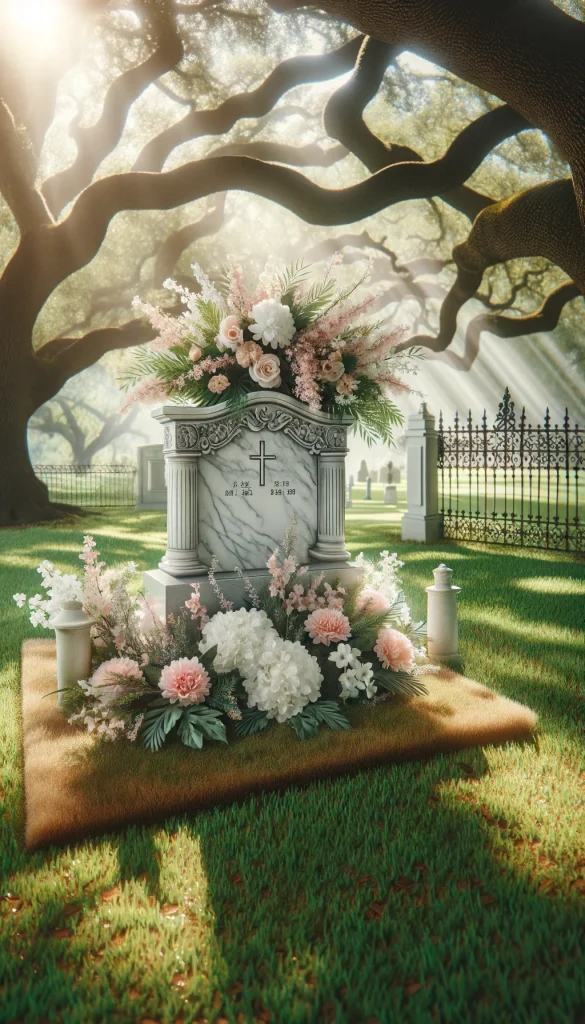 A serene and beautiful grave decoration featuring a white marble headstone surrounded by a variety of soft pink and white flowers. The setting is peaceful with a lush green background. A small, elegant wrought iron fence encircles the grave, and there are gentle rays of sunlight filtering through the branches of an old oak tree, creating a tranquil and respectful atmosphere.