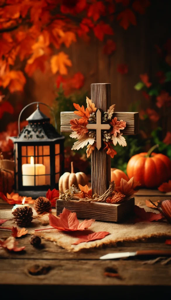 A rustic grave decoration scene with a wooden cross as a headstone, set against an autumnal backdrop. The cross is adorned with dried leaves in shades of orange, yellow, and red. Around the grave are scattered various autumn-themed items like small pumpkins, pine cones, and a lantern with a candle inside. The overall mood is warm and reflects the essence of fall, creating a peaceful and harmonious setting.