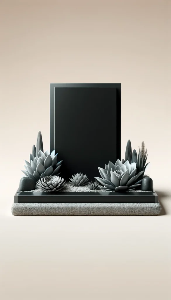 A modern grave decoration featuring sleek, minimalist design. The headstone is a simple, polished black granite slab. Surrounding the grave is a neat arrangement of succulents and small, sculptural rocks. The overall look is contemporary and understated, with a focus on clean lines and a monochromatic color palette of greys and blacks. This design represents a tranquil yet stylish tribute.