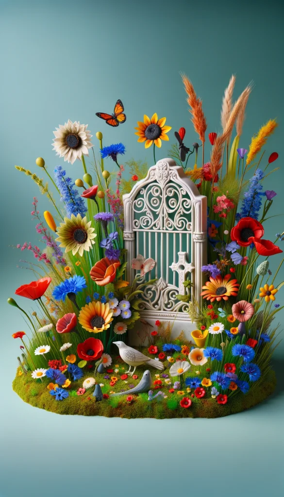 A whimsical grave decoration featuring a variety of colorful wildflowers surrounding a vintage-style white wrought iron headstone. The scene is vibrant with flowers in full bloom, including red poppies, blue cornflowers, and yellow sunflowers. Small decorative butterflies and bird figurines are placed among the flowers, adding a touch of playfulness and joy. This setup creates a cheerful and lively atmosphere.