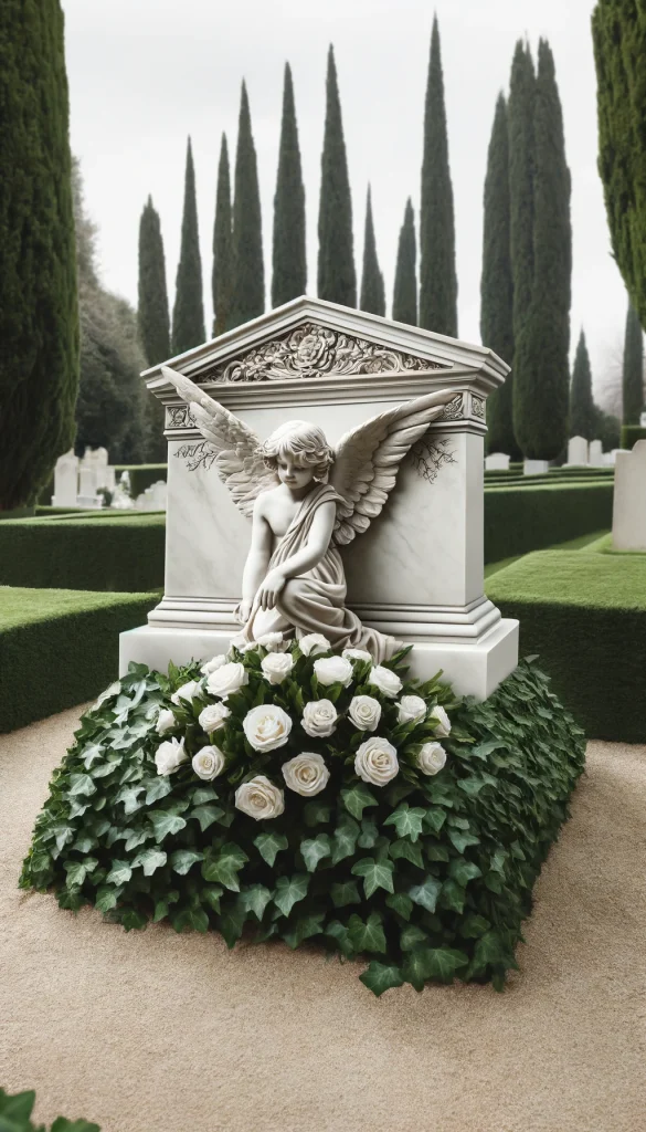 An elegant grave decoration idea using classic elements. The headstone is a beautifully carved angel statue in white marble, with soft, intricate detailing. The ground is covered with a lush carpet of ivy, and white roses are delicately placed around the base of the statue. The background includes tall, dark cypress trees that provide a solemn and dignified air. This setting offers a timeless and peaceful tribute.