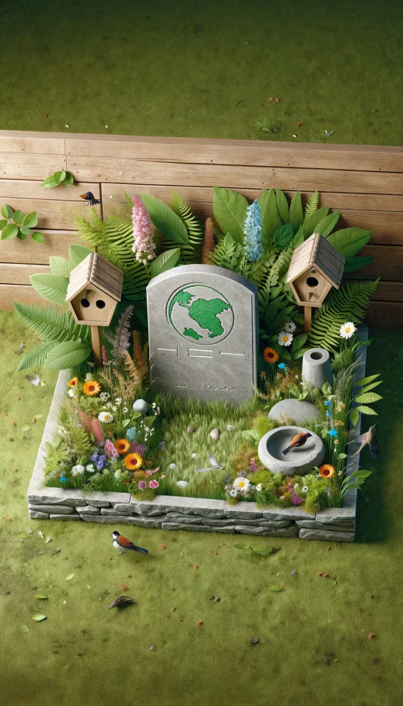 A nature-themed grave decoration with a focus on sustainability. The headstone is a simple stone slab surrounded by native plants and wildflowers, promoting local wildlife. A small birdbath and birdhouses are included in the scene, attracting birds and butterflies. The overall setting is designed to blend seamlessly with the natural environment, emphasizing eco-friendly materials and a green, vibrant landscape.