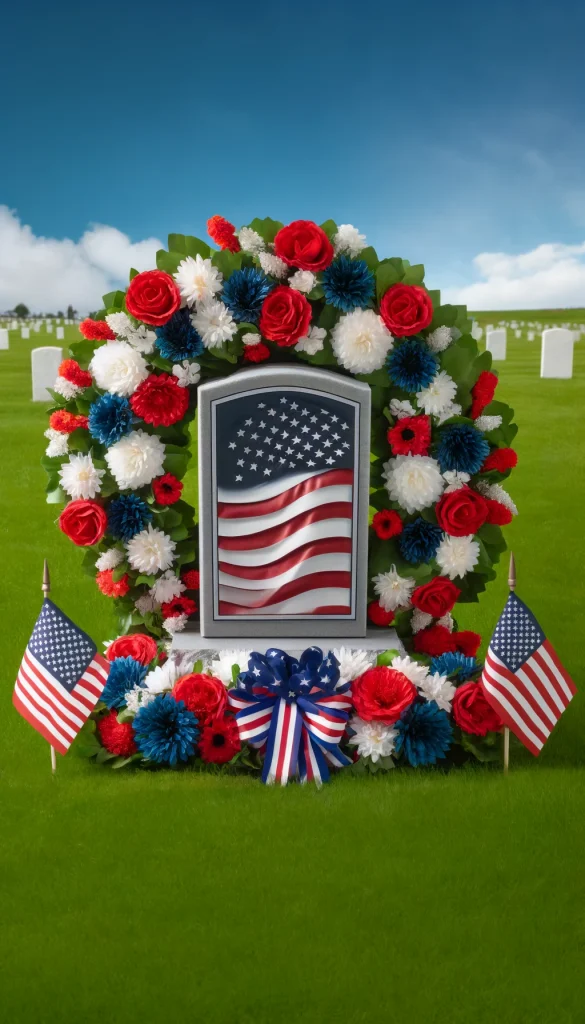 A patriotic grave decoration featuring an American flag motif. The headstone is adorned with red, white, and blue flowers arranged in the pattern of the flag. Small American flags are placed around the headstone, and there's a wreath made of blue and white flowers with red ribbons. The backdrop features green grass and a clear blue sky, creating a respectful and dignified tribute to a veteran.