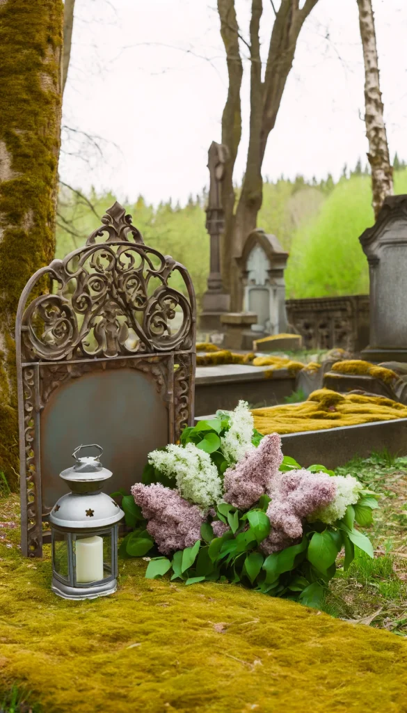 A vintage-inspired grave decoration idea featuring an ornate metal headstone with intricate scrollwork. The scene is set in an old cemetery with mature trees and moss-covered stones. Surrounding the grave are clusters of purple and white lilacs, adding a soft, nostalgic touch. An old-fashioned lantern hangs from a nearby tree branch, casting a gentle glow over the grave, evoking a sense of history and memory.