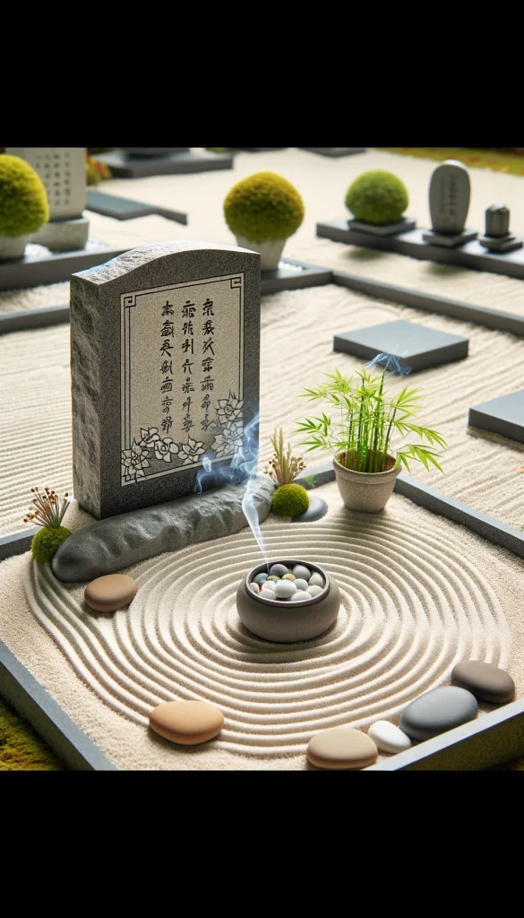 A peaceful grave decoration with an Asian-inspired theme, featuring a small, stone Zen garden. The headstone is a simple, dark stone with minimal inscriptions. The foreground includes neatly raked white sand with a pattern, surrounded by smooth river stones and small bamboo plants. A subtle incense burner releases a gentle stream of smoke, adding to the tranquil and meditative atmosphere of the setting.