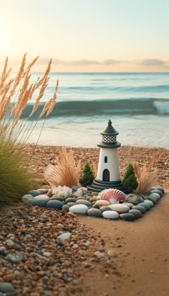 A serene seaside grave decoration, featuring a headstone shaped like a small lighthouse. The grave is located near a peaceful beach with gentle waves lapping at the shore. The ground around the grave is covered with smooth sea pebbles and scattered seashells. Tall grass and wildflowers sway in the sea breeze, creating a calming, natural backdrop that resonates with the theme of eternal peace by the ocean.