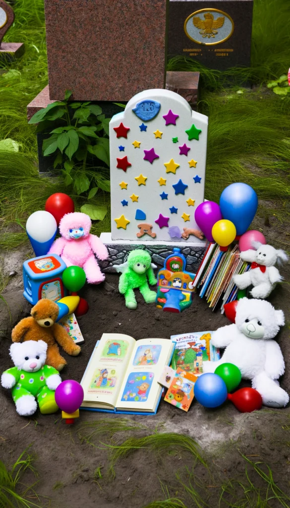 A heartwarming grave decoration for a child, featuring a colorful array of toys and children's books placed around a small white headstone. The headstone is adorned with bright, playful motifs like stars and balloons. Surrounding the grave are plush animals, storybooks, and small playful figurines, creating a joyful and comforting scene that celebrates the innocence and happiness of childhood.