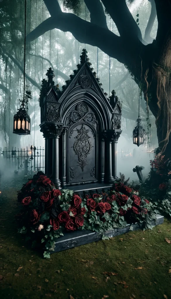 A Gothic-inspired grave decoration featuring a dramatic black marble headstone with Gothic arches and intricate carvings. The surrounding area is adorned with dark red roses and ivy, creating a mysterious and somber atmosphere. Black wrought iron lanterns hang from the surrounding old trees, casting eerie shadows. The setting is further dramatized with a misty fog covering the ground, enhancing the Gothic theme.
