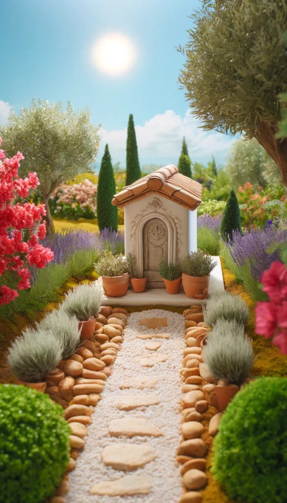 A Mediterranean-inspired grave decoration, featuring a small, white stucco headstone with a terracotta roof. The surrounding area is landscaped with olive trees, lavender bushes, and bright bougainvillea flowers. A narrow path of pebbles leads to the grave, lined with small terracotta pots filled with herbs. The scene is set under a bright, sunny sky, evoking the warm and inviting atmosphere of the Mediterranean region.