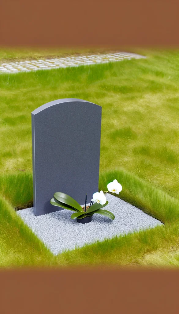 A simple and dignified grave decoration for a minimalist aesthetic. The headstone is a flat, slate gray slab with a smooth finish. Surrounding the grave are neatly trimmed grass and a few subtle, low-lying shrubs. A single, elegant white orchid sits at the base of the headstone, adding a touch of beauty without overwhelming the scene. This decoration reflects a preference for simplicity and tranquility.