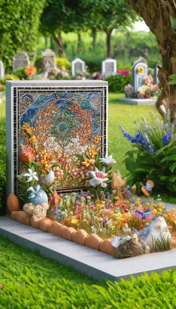 An artistic grave decoration that features a mosaic tile headstone with colorful, hand-laid tiles forming a beautiful floral pattern. The scene is vibrant and artistic, with a small garden of wildflowers surrounding the headstone. The decoration includes handmade ceramic sculptures of birds and butterflies, enhancing the artistic and personalized feel of the grave, reflecting a love for art and nature.