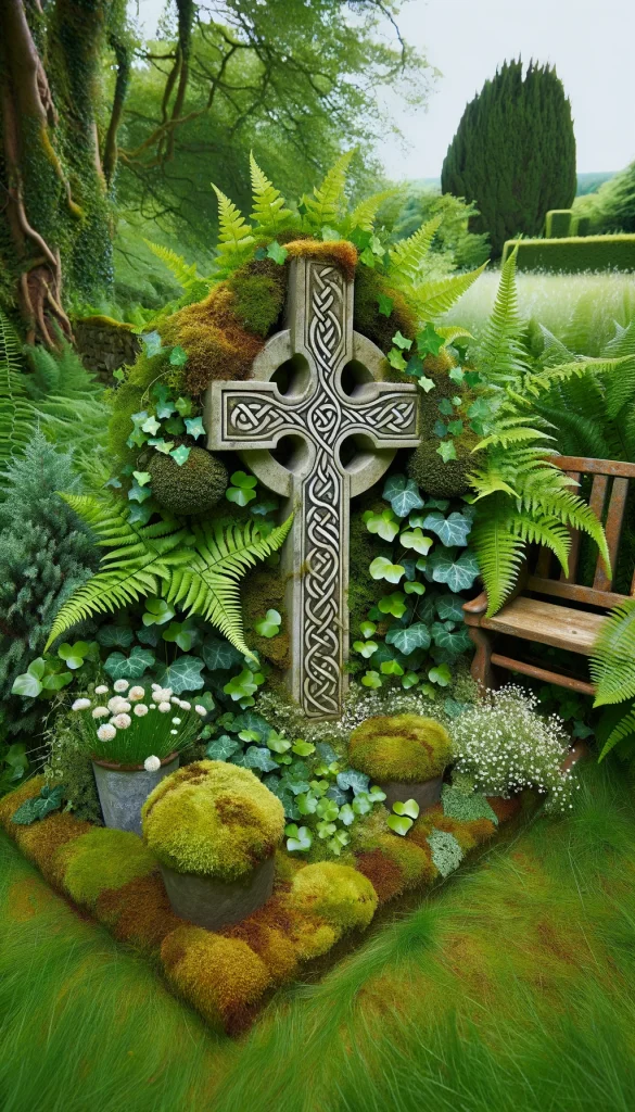 A tranquil grave decoration featuring a Celtic theme with a stone cross headstone covered in moss and ivy. Surrounding the grave are various types of ferns and small, white wildflowers, creating a lush, green setting. Celtic knot designs are subtly engraved into the stone, and a small, rustic wooden bench is placed nearby, inviting visitors to sit and reflect in the peaceful surroundings.