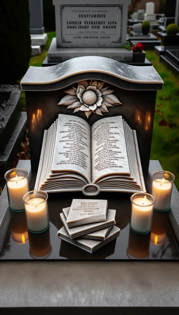 A reflective and meaningful grave decoration featuring a headstone with a large, open book design, symbolizing a love for reading and knowledge. The pages of the book are crafted from marble, with quotes engraved on them. Surrounding the grave are candles in glass holders, providing a warm, soft light, and small piles of classic books, creating a scholarly and contemplative atmosphere.