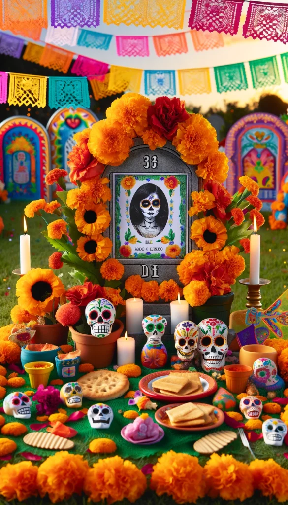 A festive and colorful grave decoration themed around Dia de los Muertos, featuring a headstone adorned with vibrant marigolds and papel picado banners. Small sugar skulls and candles are scattered around, and a picture of the deceased is placed prominently, surrounded by their favorite foods. The background has brightly painted tombstones, creating a joyful celebration of life and a connection to cultural heritage.