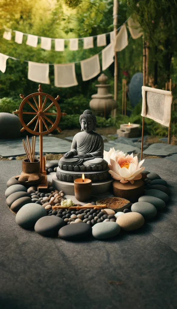 A serene and spiritual grave decoration inspired by Buddhist traditions, featuring a small stone Buddha statue at the head of the grave. The area is surrounded by a circular arrangement of smooth stones and incense sticks, with lotus flowers scattered around. A simple wooden prayer wheel is placed to one side, and prayer flags flutter gently in the breeze above, creating a peaceful and meditative space.