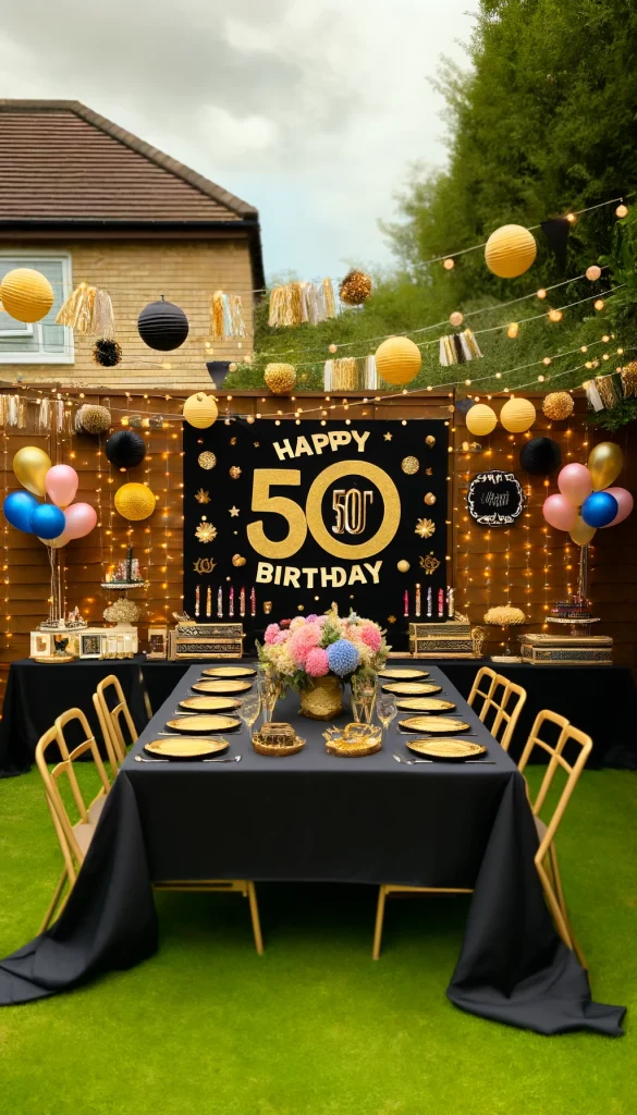 A festive and colorful 50th birthday party setup in a backyard. The decoration includes a large 'Happy 50th Birthday' banner in gold and black, strings of fairy lights, a table with a black tablecloth and gold cutlery. There are colorful balloons and paper lanterns hanging from trees, and a photo booth area with a backdrop of gold and black streamers.