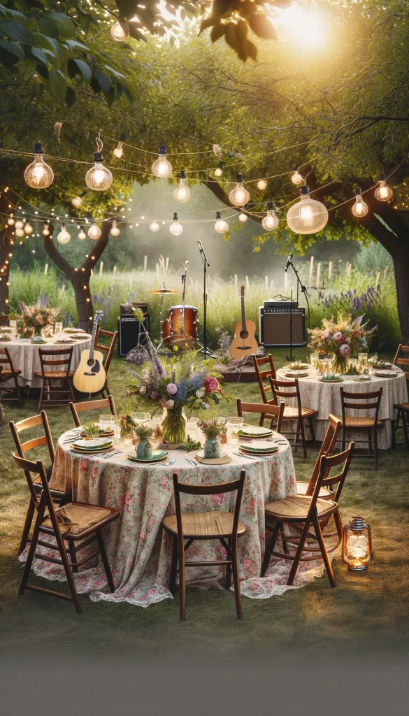 A garden party setup for a 50th birthday with a vintage garden theme. The scene shows round tables with floral tablecloths, wooden chairs, and rustic lanterns. The centerpieces are mason jars with wildflowers. String lights are draped between trees, creating a cozy atmosphere. A small band setup with a guitar, violin, and microphone stand at one corner.