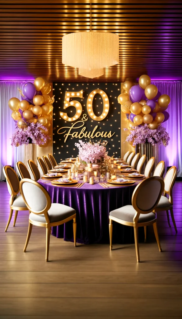 A modern 50th birthday celebration with a gold and purple theme. The setup features a large dining table covered with a purple tablecloth, gold chairs, and purple and gold balloons. A centerpiece of purple orchids and candles adds elegance. The backdrop includes a large '50 & Fabulous' sign in gold letters, with purple lighting enhancing the ambiance.