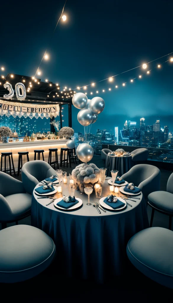 A chic rooftop 50th birthday party at night, decorated with a silver and blue color scheme. The area is adorned with silver balloons, blue fairy lights, and elegant silver tableware on round tables. A bar area is set with blue cocktails and a silver cocktail shaker. The skyline in the background adds a dramatic touch to the celebration.