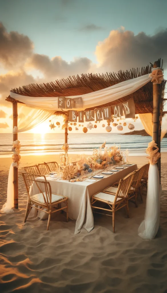 A beach themed 50th birthday party during sunset. The setting includes a sandy beach with a bamboo canopy draped in white fabric. Underneath, a long table with beach-themed decor such as seashells, starfish, and coral. The chairs are simple bamboo chairs with white cushions. In the background, the sun sets over the ocean, creating a picturesque scene.