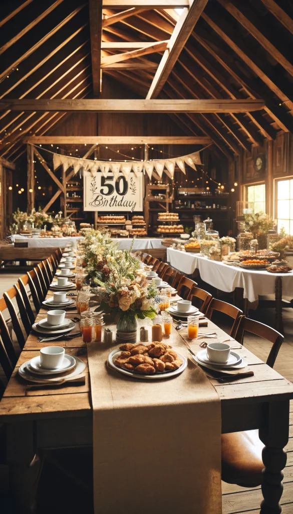 A 50th birthday brunch setup in a rustic barn. The interior features exposed wooden beams and warm lighting. Long wooden tables are set with white linen, elegant china, and mason jars filled with wildflowers. A buffet table displays an assortment of pastries, fruits, and a coffee station. Decorative elements include burlap runners and vintage wooden signs celebrating the milestone.