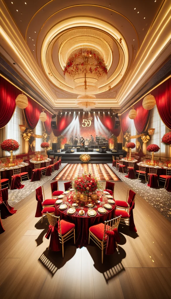 A glamorous 50th birthday celebration in a ballroom with a red and gold theme. The setting includes red velvet drapes, gold chandeliers, and tables covered with red tablecloths and gold dinnerware. A dance floor in the center has a live band setup with instruments and microphones. Floral arrangements of red roses and gold accents decorate the space.
